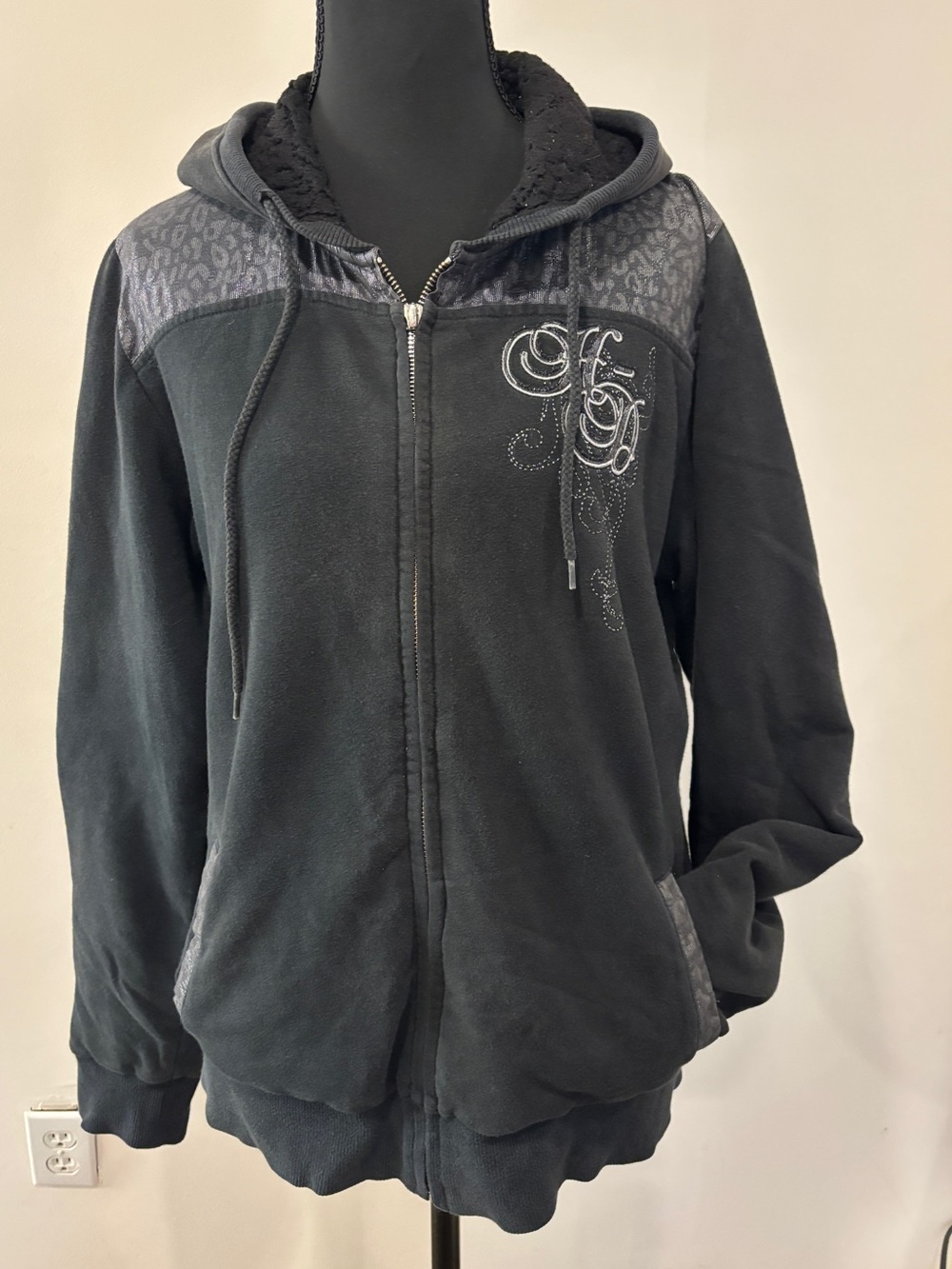 Harley-Davidson Black Leopard Print Thermal Hooded Zip-Up with Rhinestone Size L